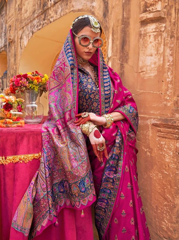 Pink Woven Zari Silk Blend Saree With Brocade Blouse