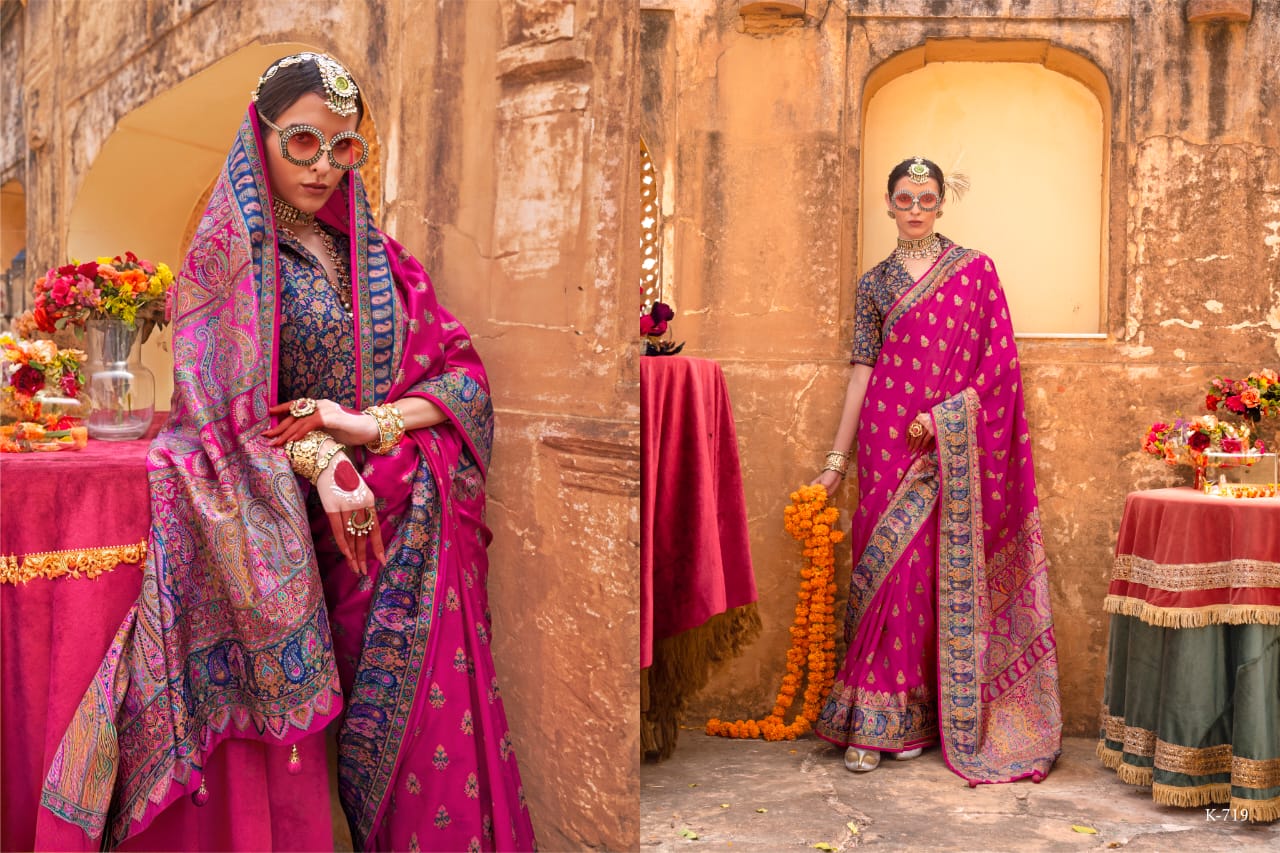 Pink Woven Zari Silk Blend Saree With Brocade Blouse