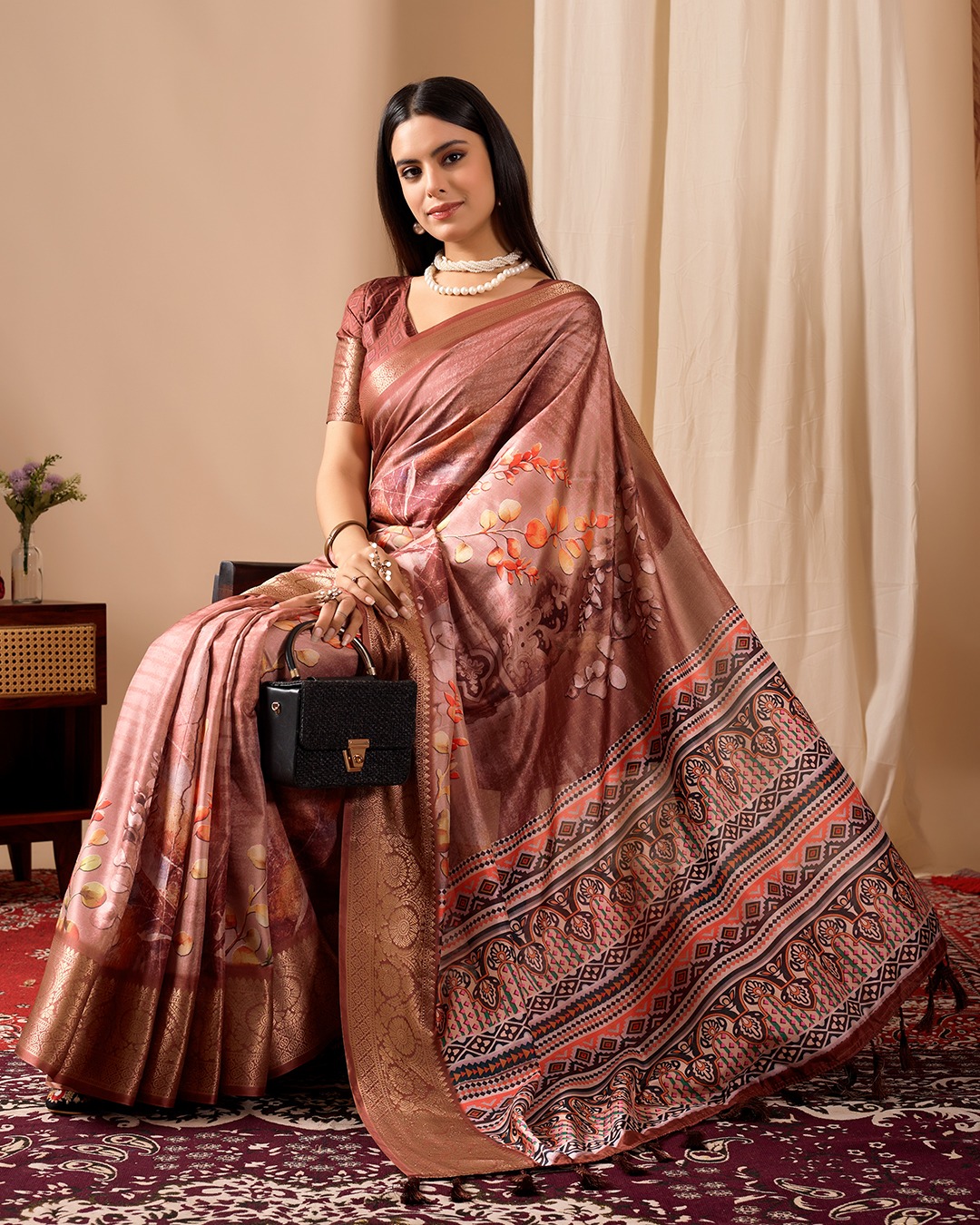 Brown Digital Printed Linen Cotton Patola Saree Online