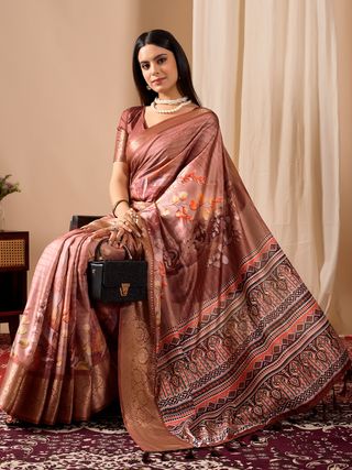 Brown Digital Printed Linen Cotton Patola Saree Online