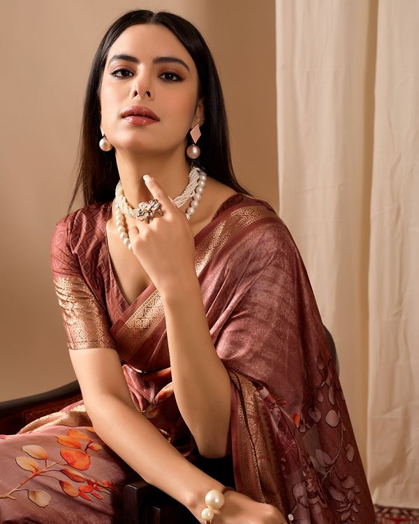 Brown Digital Printed Linen Cotton Patola Saree Online