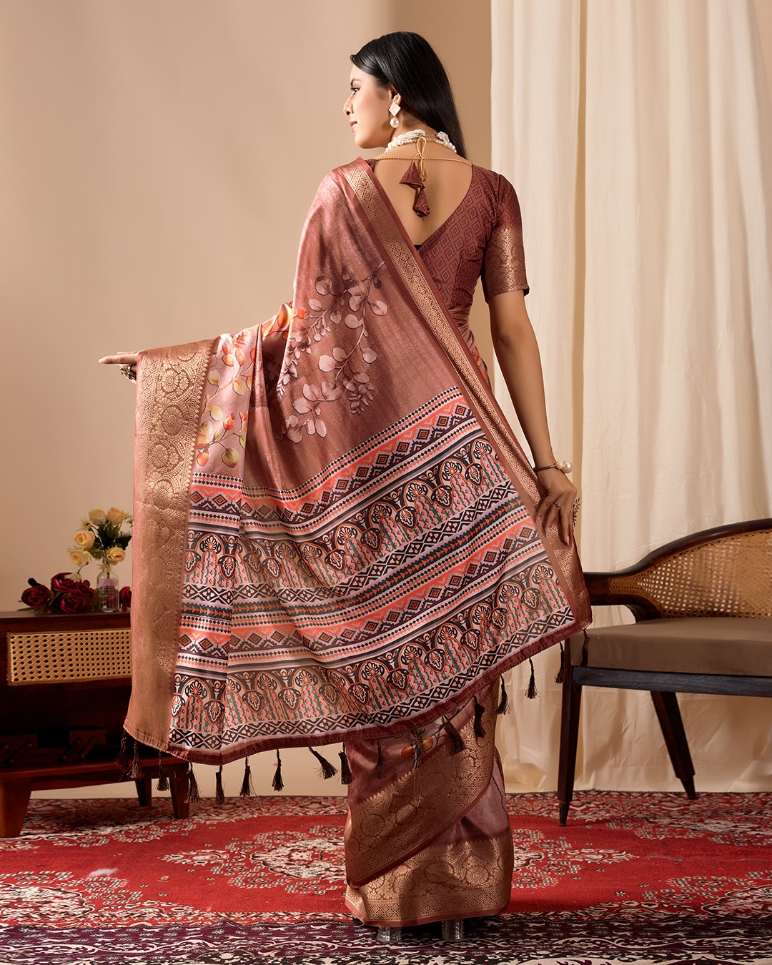 Brown Digital Printed Linen Cotton Patola Saree Online