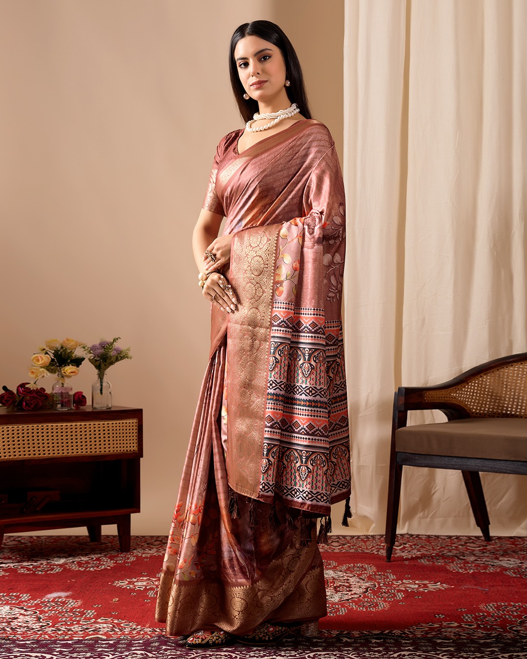 Brown Digital Printed Linen Cotton Patola Saree Online
