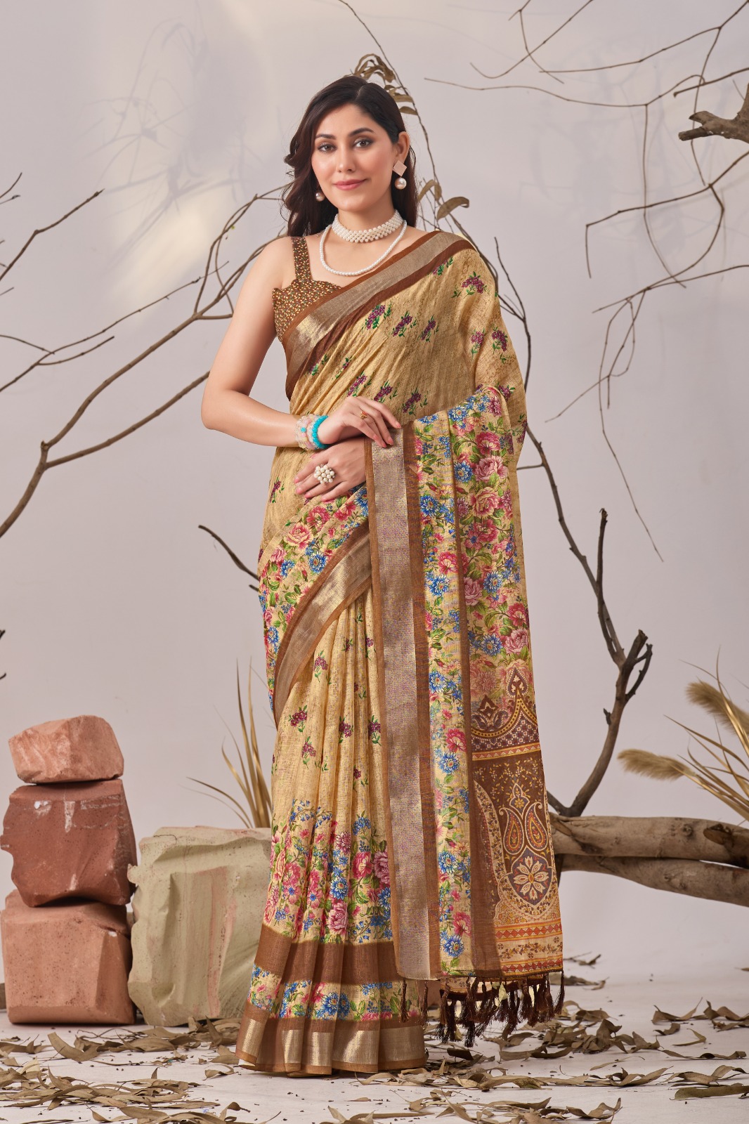 Golden Bloom Designer Printed Linen Cotton Saree With Blouse