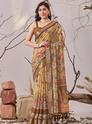 Golden Bloom Designer Printed Linen Cotton Saree With Blouse