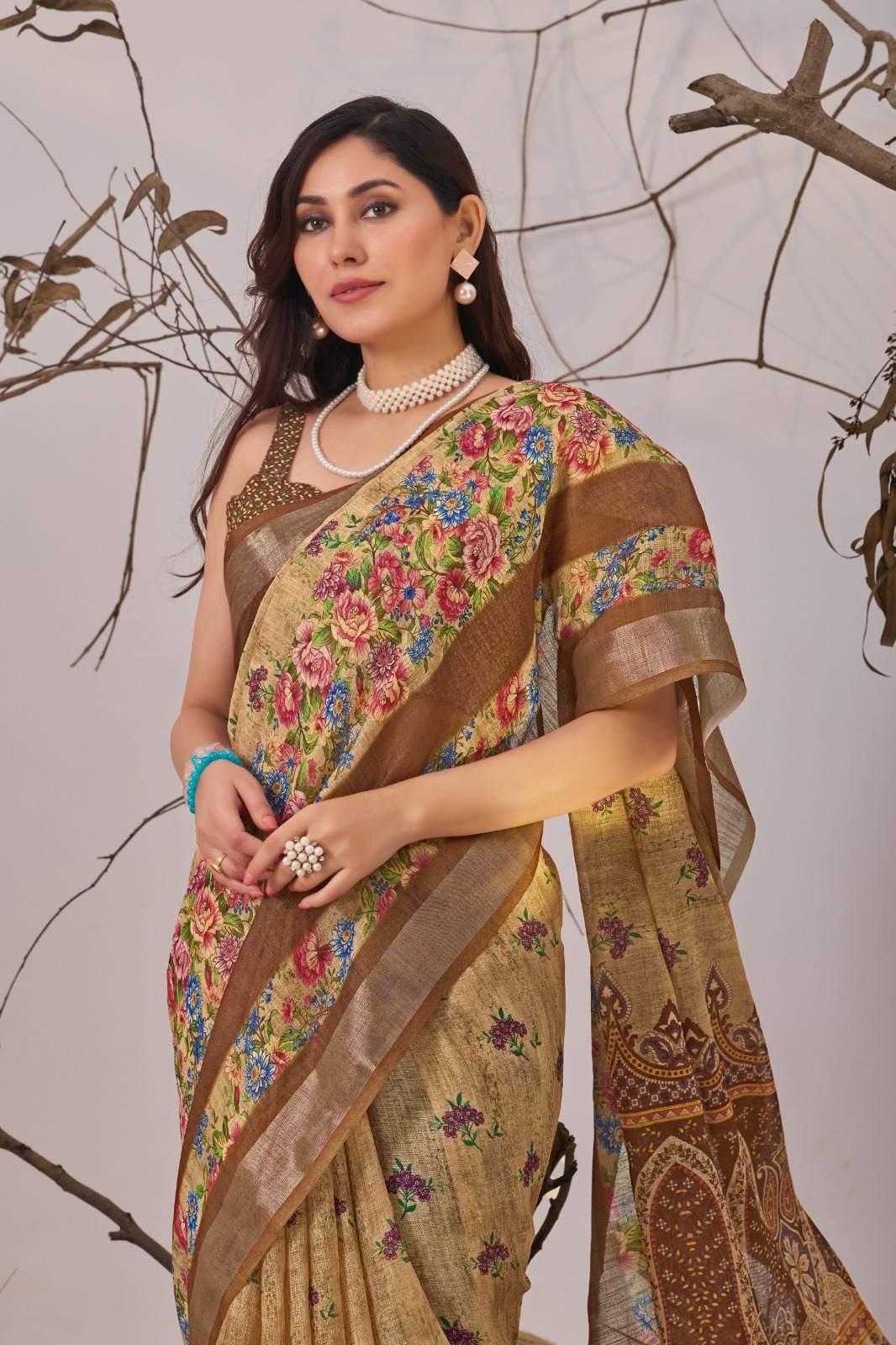 Golden Bloom Designer Printed Linen Cotton Saree With Blouse