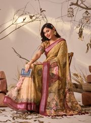 Mustard Floral Printed Linen Cotton Saree With Blouse - Mustard