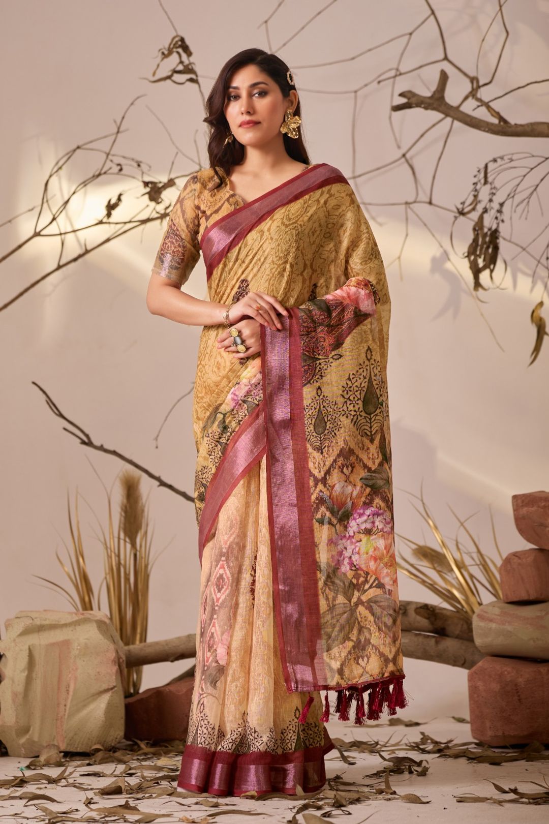 Mustard Floral Printed Linen Cotton Saree With Blouse