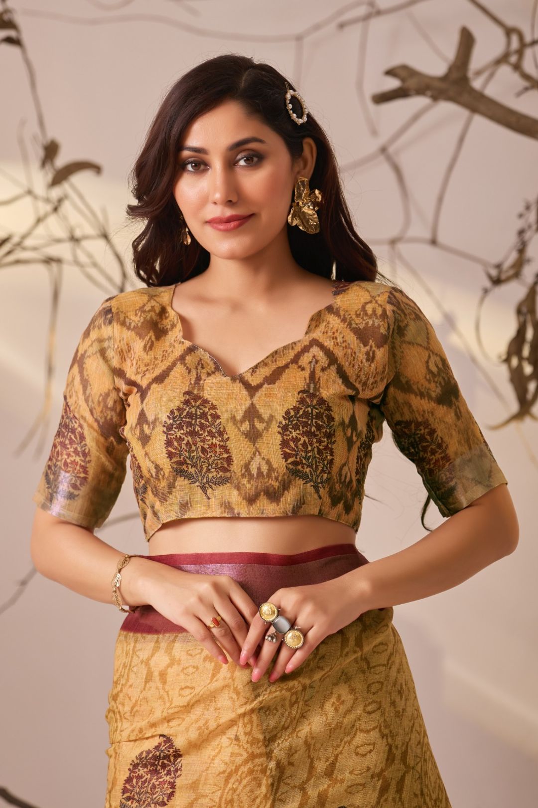 Mustard Floral Printed Linen Cotton Saree With Blouse