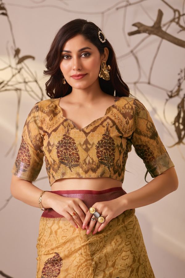 Mustard Floral Printed Linen Cotton Saree With Blouse