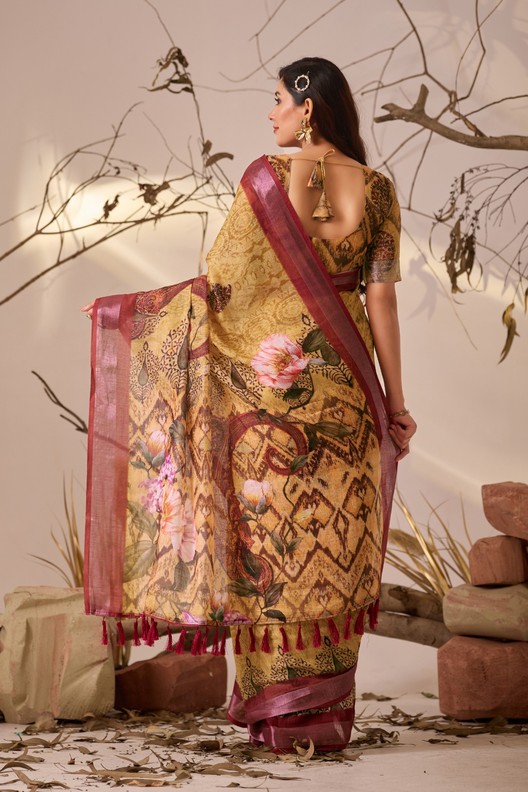 Mustard Floral Printed Linen Cotton Saree With Blouse