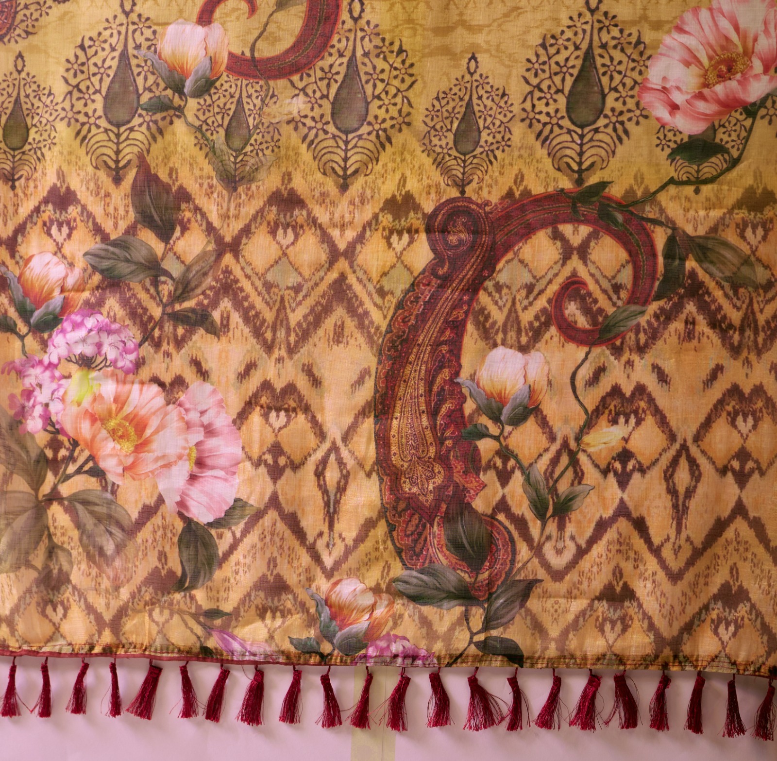 Mustard Floral Printed Linen Cotton Saree With Blouse