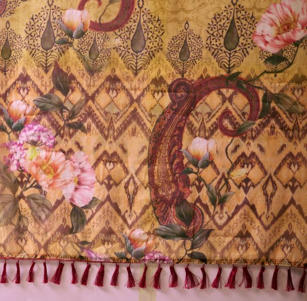 Mustard Floral Printed Linen Cotton Saree With Blouse