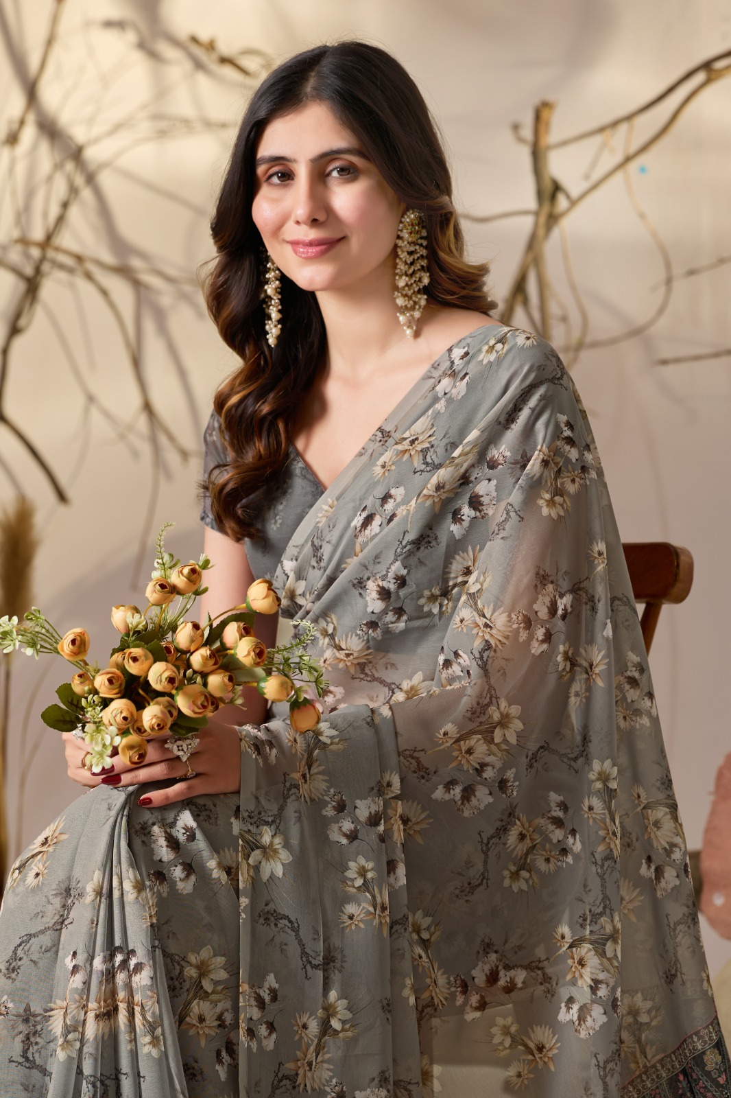 Grey Floral Printed Georgette Saree With Designer Pallu