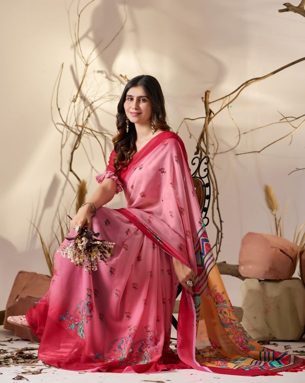 Pink Floral Georgette Saree with Designer Pallu