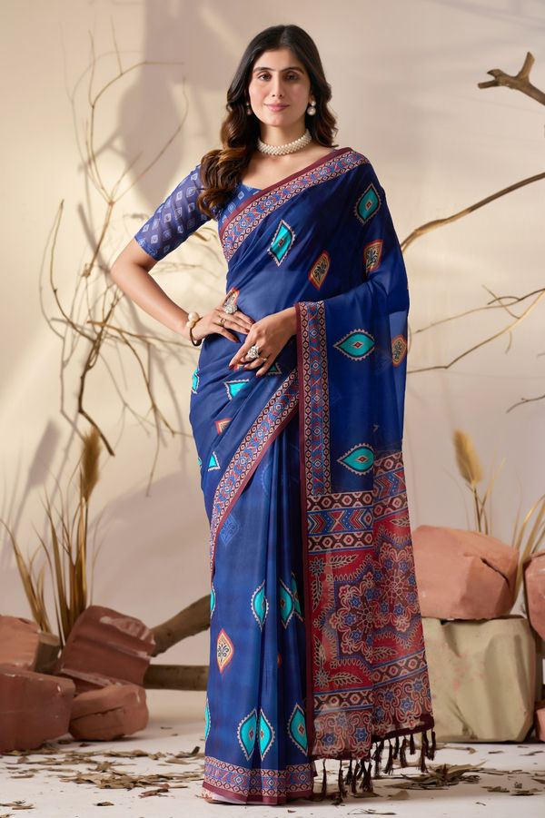 Royal Blue Printed Georgette Saree with Designer Pallu