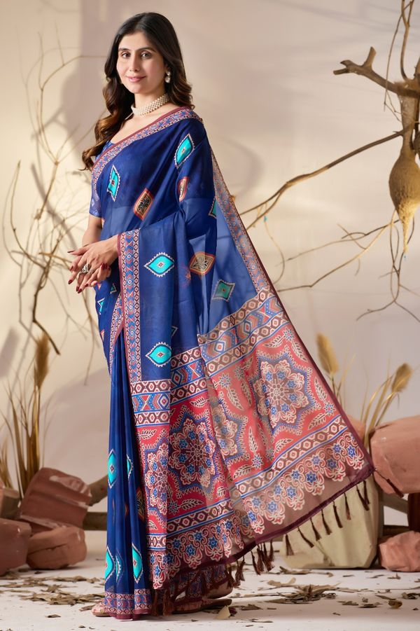 Royal Blue Printed Georgette Saree with Designer Pallu