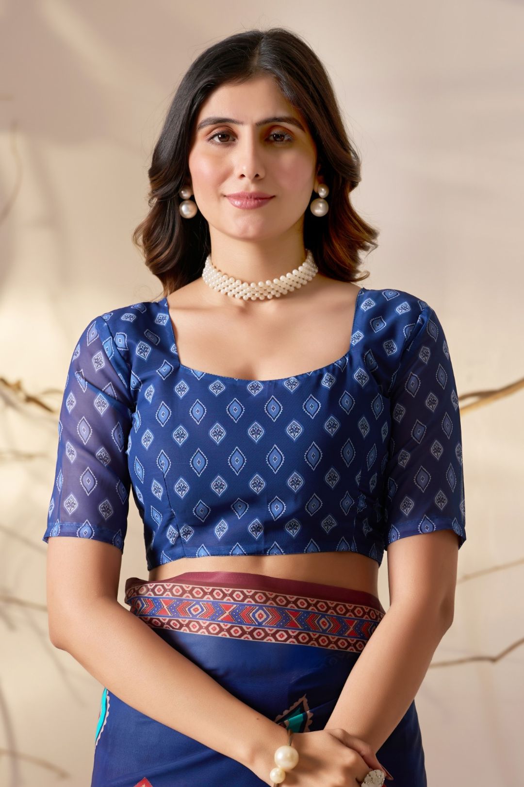 Royal Blue Printed Georgette Saree with Designer Pallu