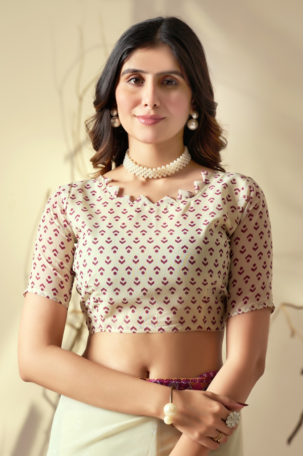 Cream Printed Georgette Saree with Designer Pallu