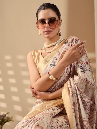 Beige Lichi Silk Saree with Zari Woven Border