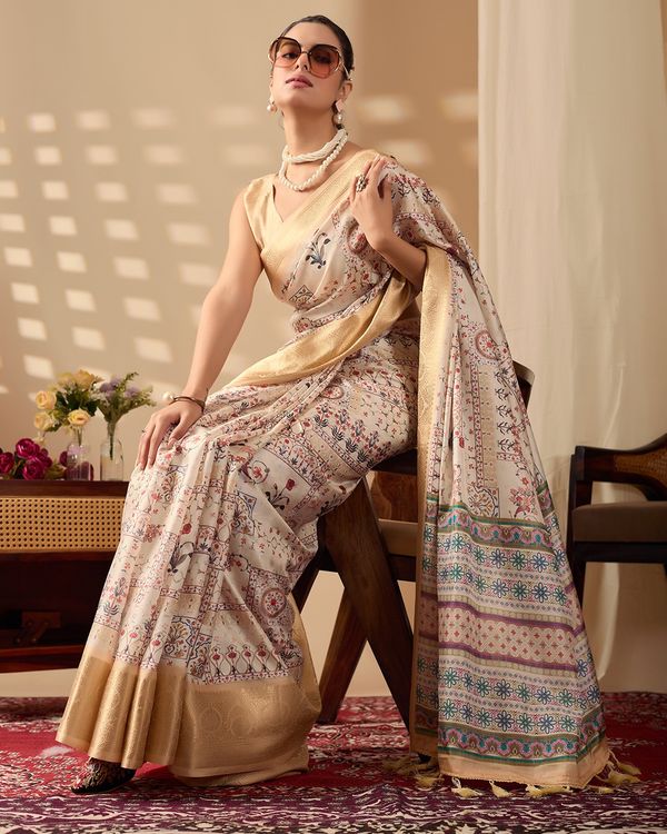 Beige Lichi Silk Saree with Zari Woven Border