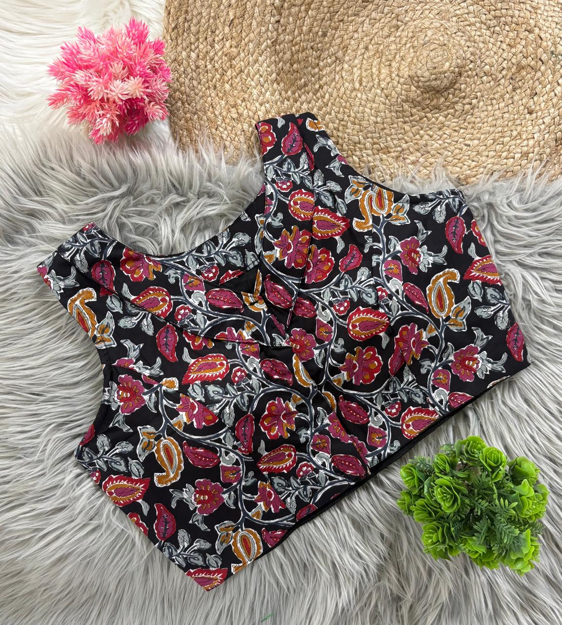 Kalamkari Cotton V Neck Collar Blouse for Women