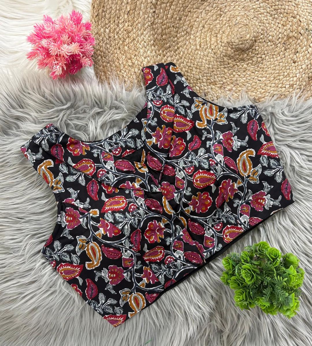 Kalamkari Cotton V Neck Collar Blouse for Women