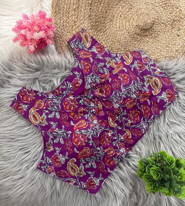 Kalamkari Cotton V Neck Collar Blouse for Women