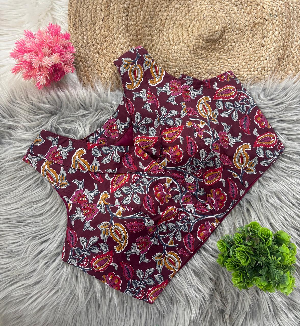 Kalamkari Cotton V Neck Collar Blouse for Women