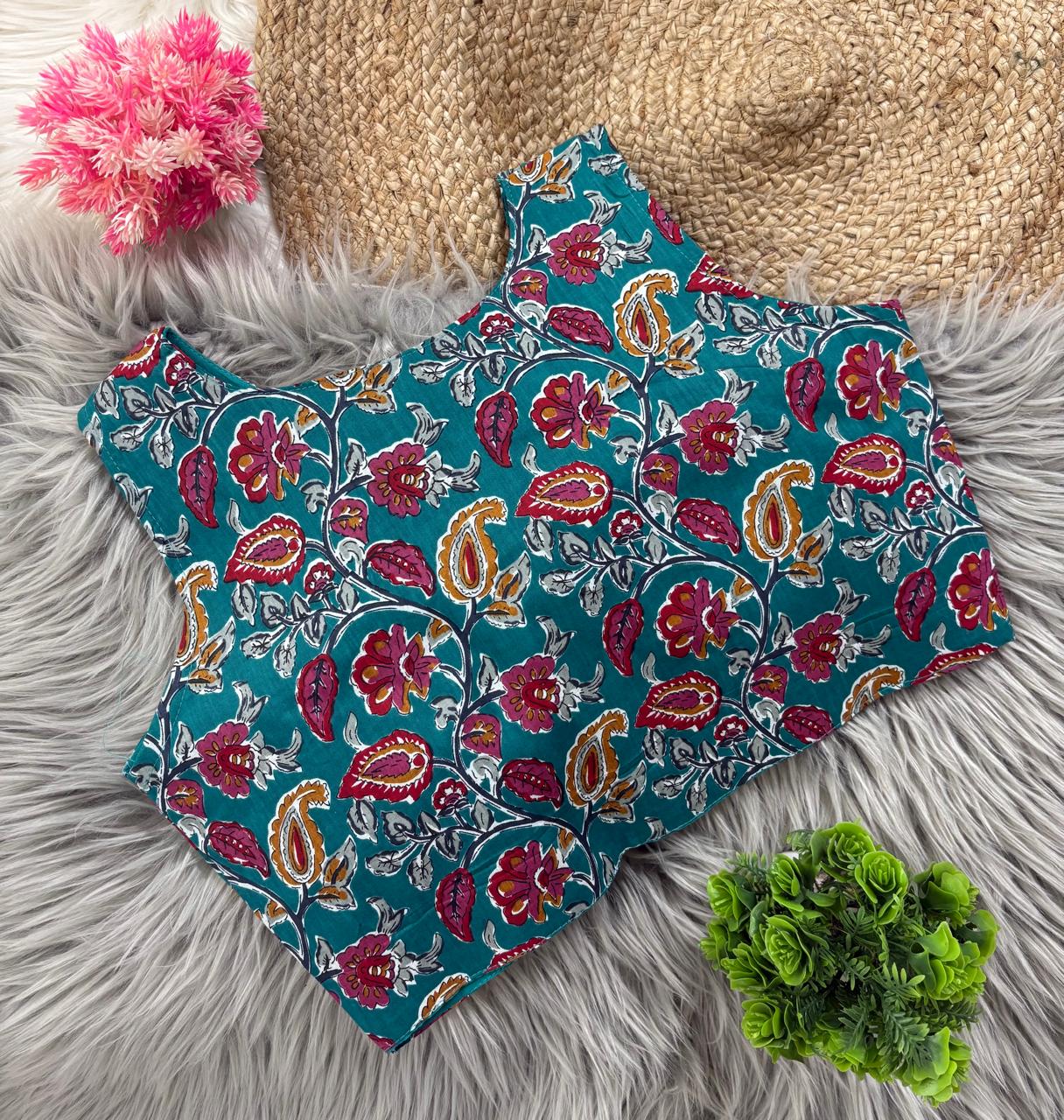 Kalamkari Cotton V Neck Collar Blouse for Women