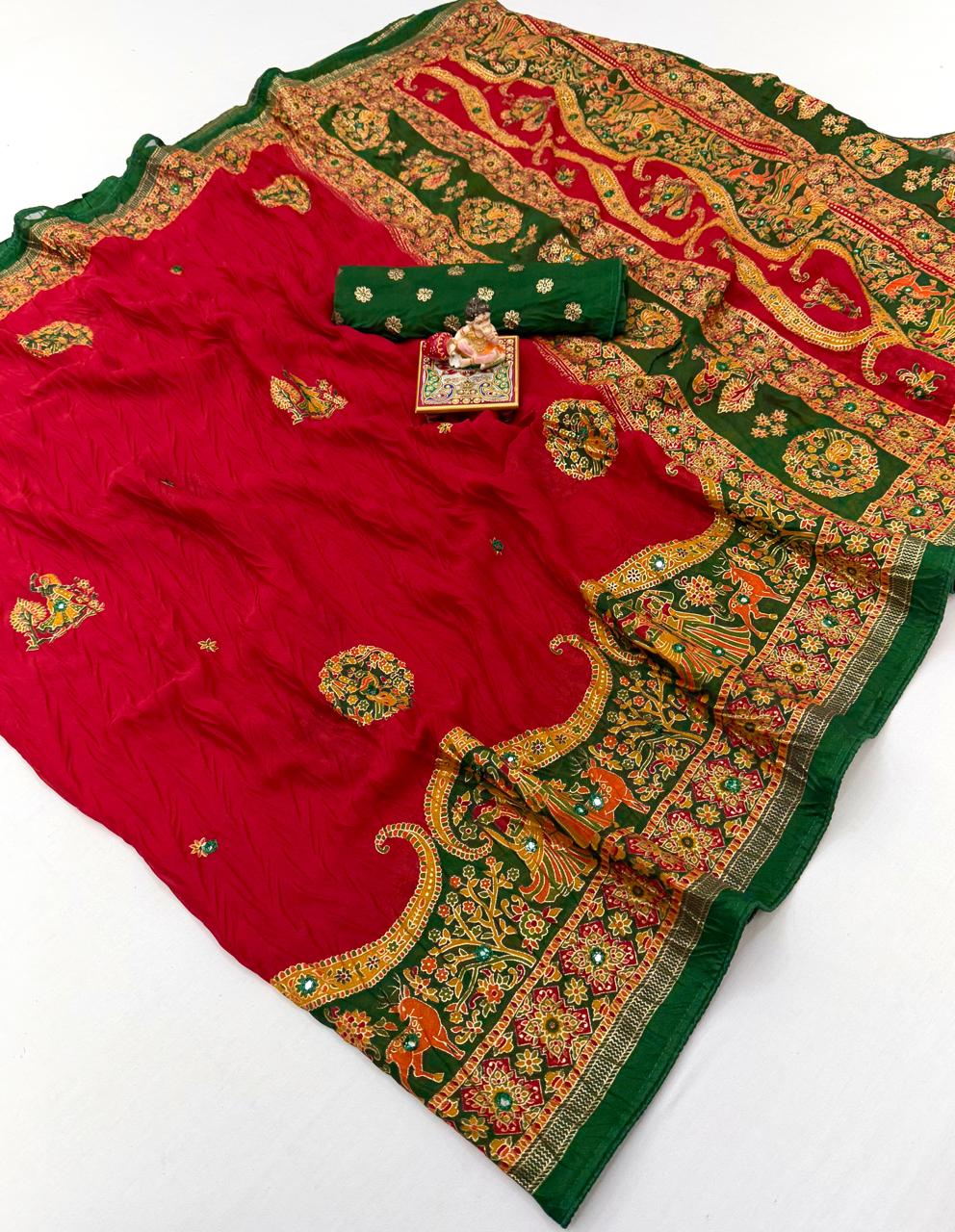 Red Printed Georgette Silk Saree with Foil Mirror Work