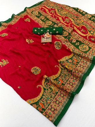 Red Printed Georgette Silk Saree with Foil Mirror Work