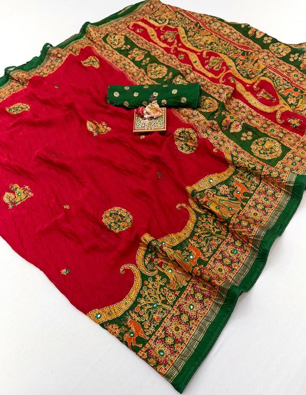 Red Printed Georgette Silk Saree with Foil Mirror Work