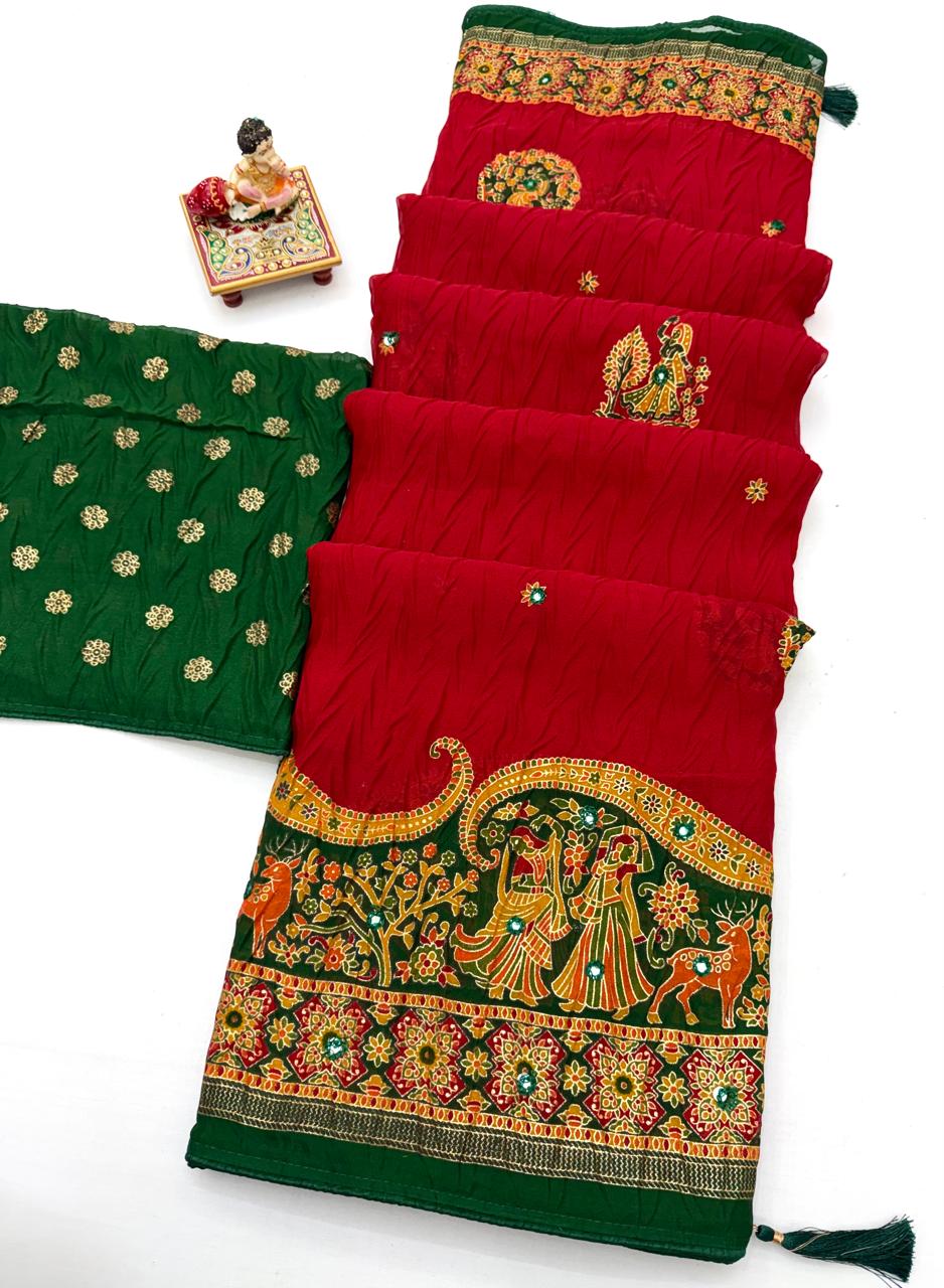 Red Printed Georgette Silk Saree with Foil Mirror Work