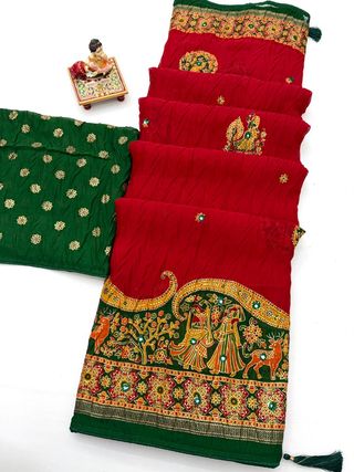 Red Printed Georgette Silk Saree with Foil Mirror Work
