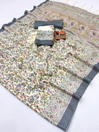 Cream Floral Pashmina Saree with Shawl & Blouse