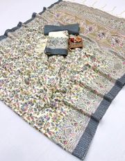 Cream Floral Pashmina Saree with Shawl & Blouse - Cream