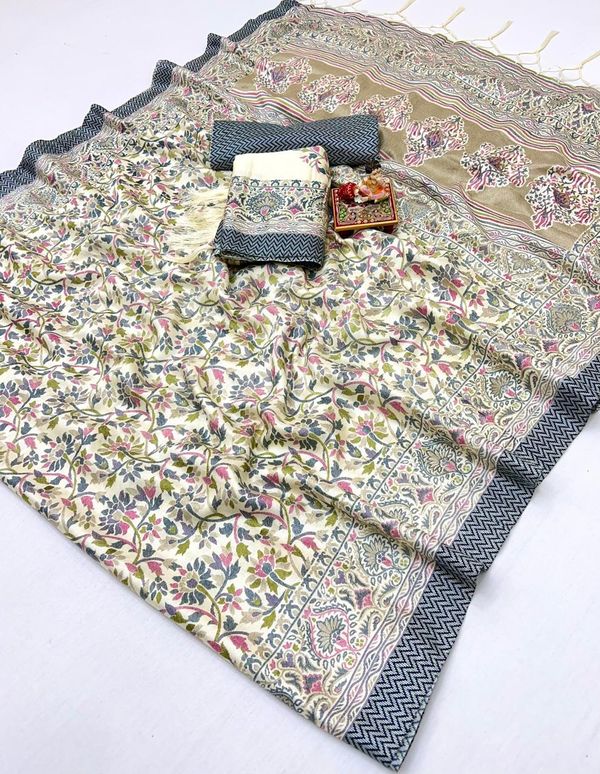 Cream Floral Pashmina Saree with Shawl & Blouse