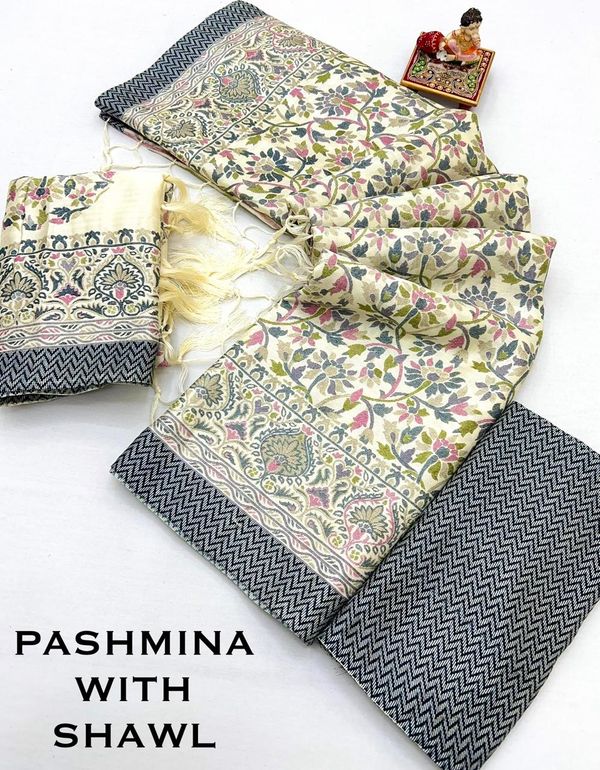 Cream Floral Pashmina Saree with Shawl & Blouse