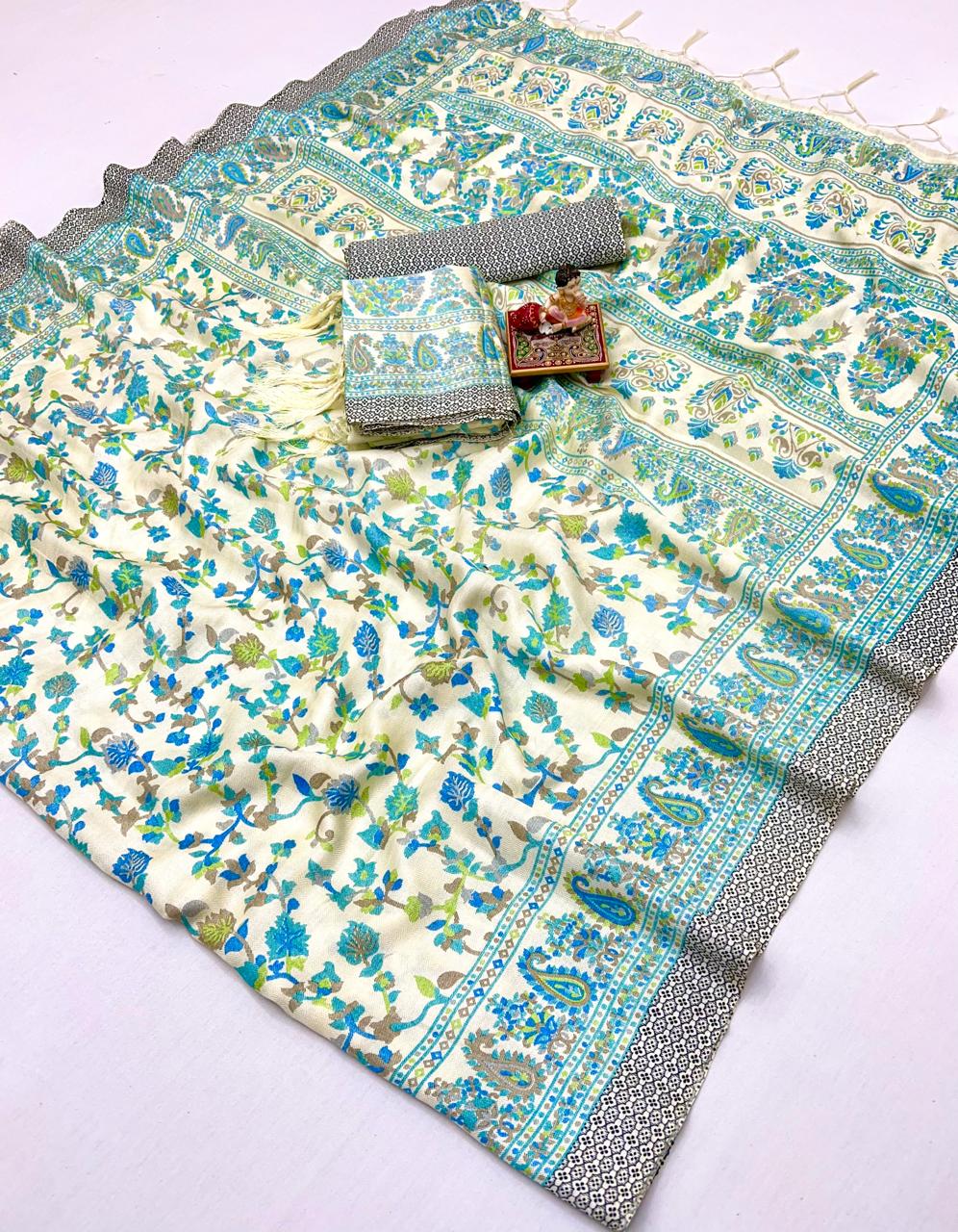 Stylish Cream Pashmina Saree with Blue Floral Design