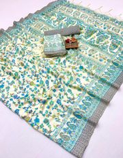 Stylish Cream Pashmina Saree with Blue Floral Design - Cream