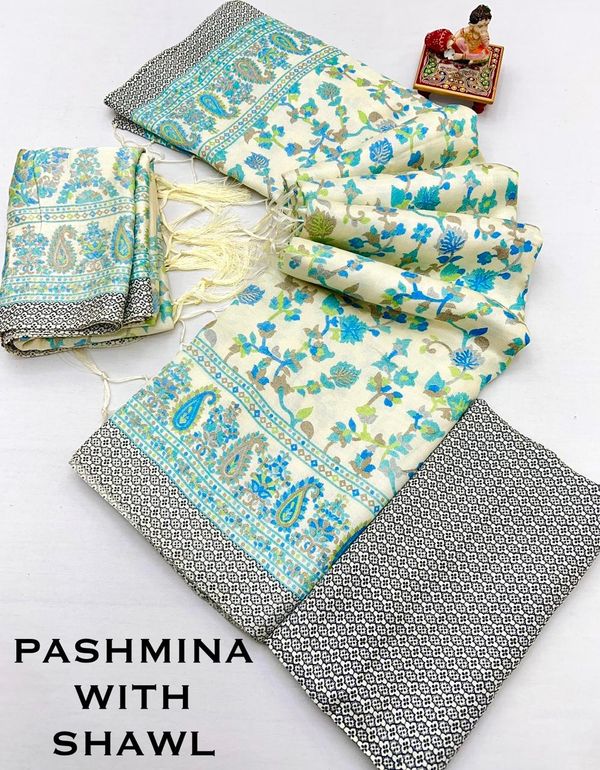 Stylish Cream Pashmina Saree with Blue Floral Design