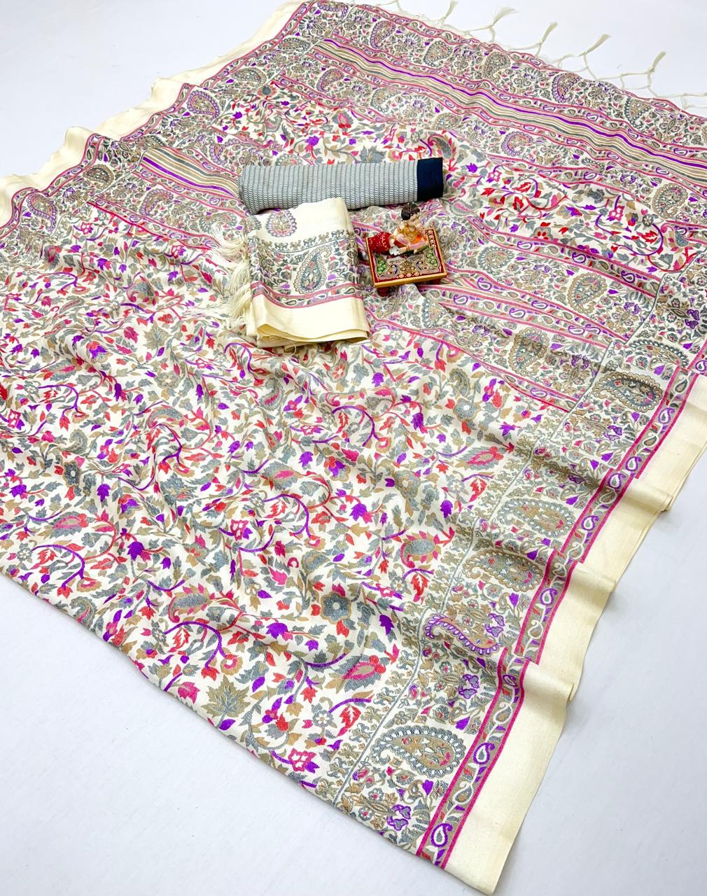 Designer Cream Pashmina Saree with Pink Print