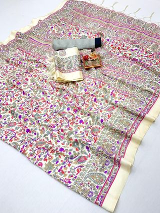 Designer Cream Pashmina Saree with Pink Print