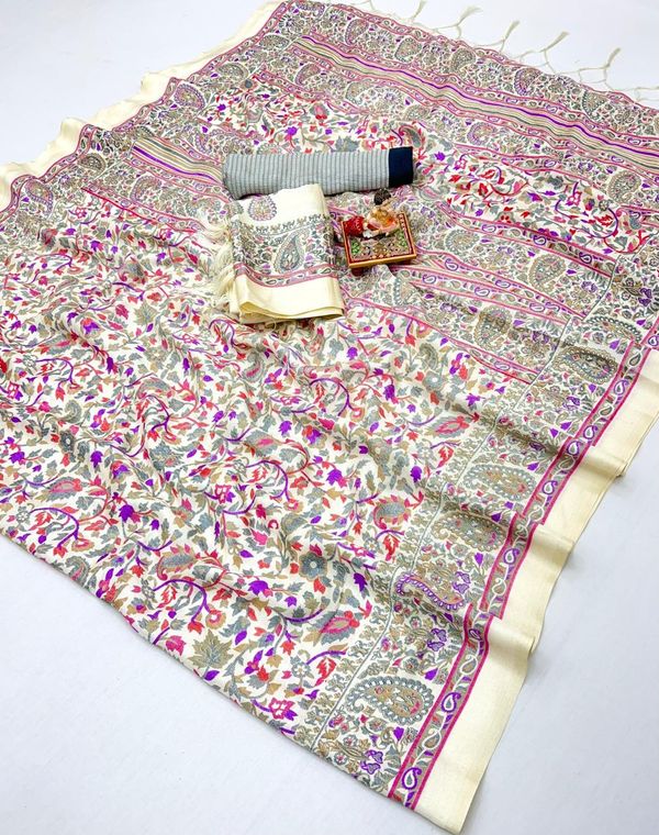 Designer Cream Pashmina Saree with Pink Print