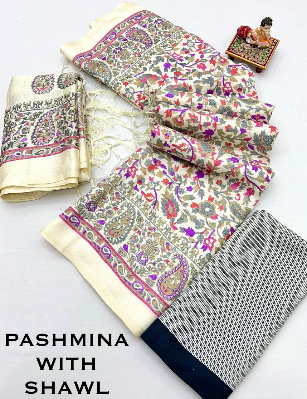 Designer Cream Pashmina Saree with Pink Print