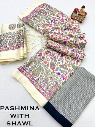 Designer Cream Pashmina Saree with Pink Print
