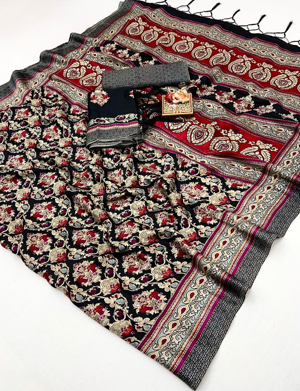 Black Red Floral Pashmina Saree with Shawl Set