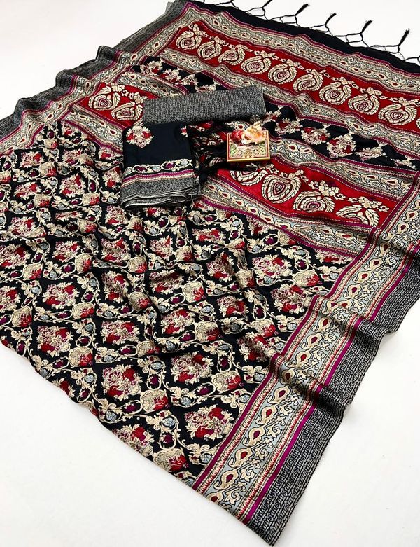 Black Red Floral Pashmina Saree with Shawl Set