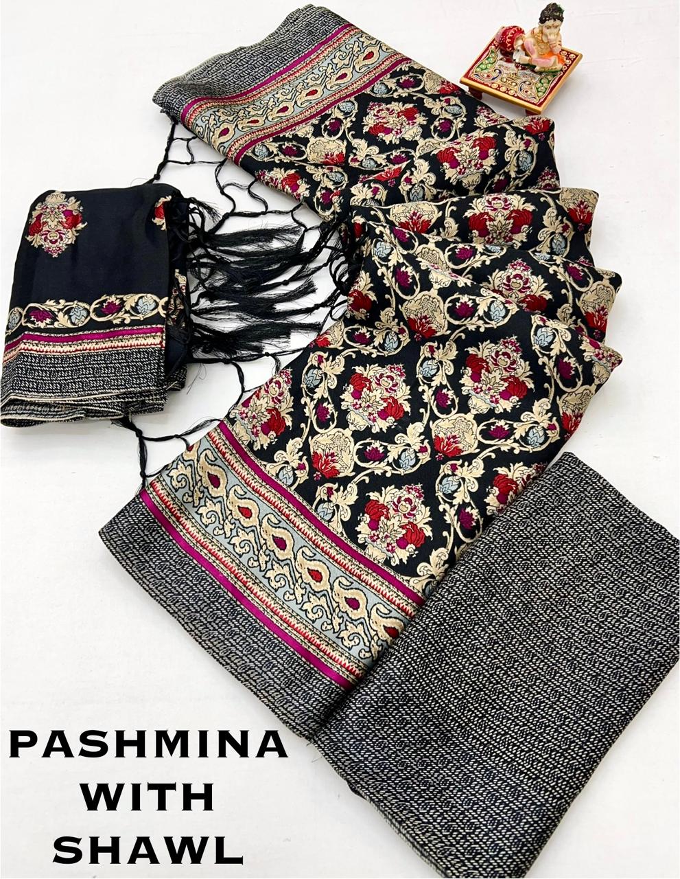 Black Red Floral Pashmina Saree with Shawl Set